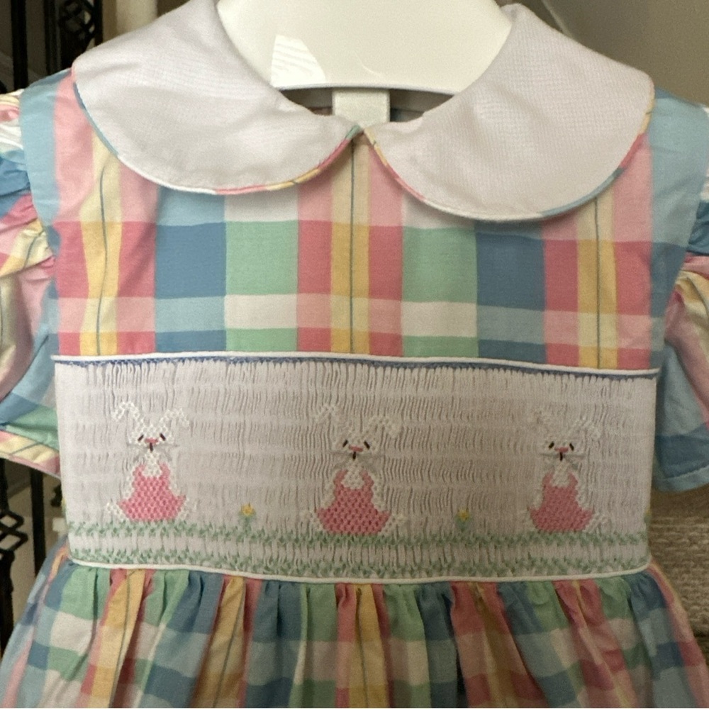 ANAVINI Hand Smocked Pink Bunny Rabbits Cotton Rear Button Dress Size 5T